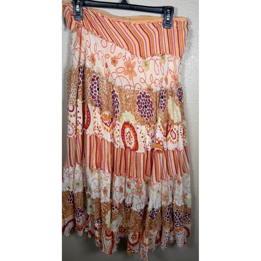 Funky People Patchwork Tiered Boho Midi Skirt 100% Cotton Orange Pink Women's M